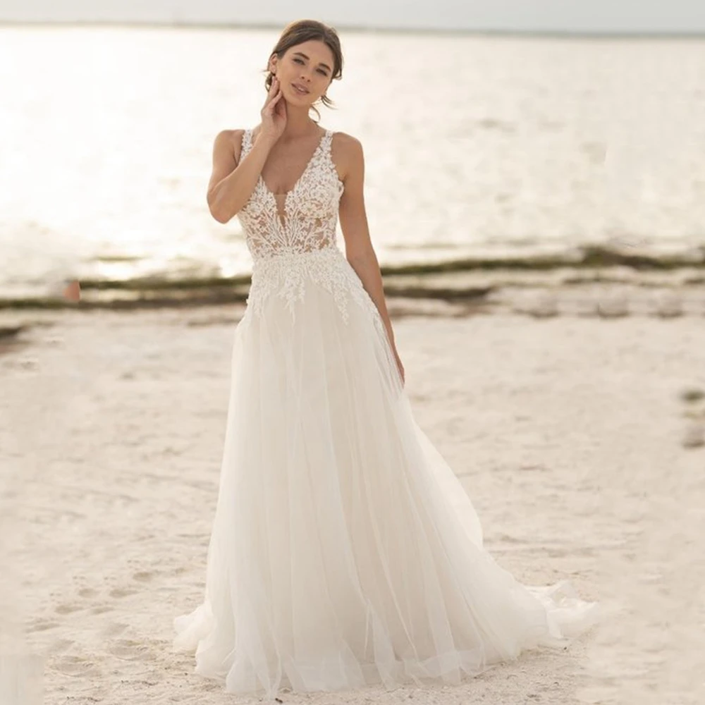 

Pmwrun Simple V-Neck Wedding Dress of Backless Appliques A-Line Tulle High-end Bridal Beach Seaside Marry Gowns Multi Size