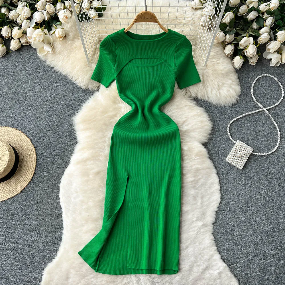 

Sexy Cut Out Bodycon Dress Women Spit Crochet Dresses Elegant French Fashion Vestidos Summer Women Chic Robe Chic Wrap Dress