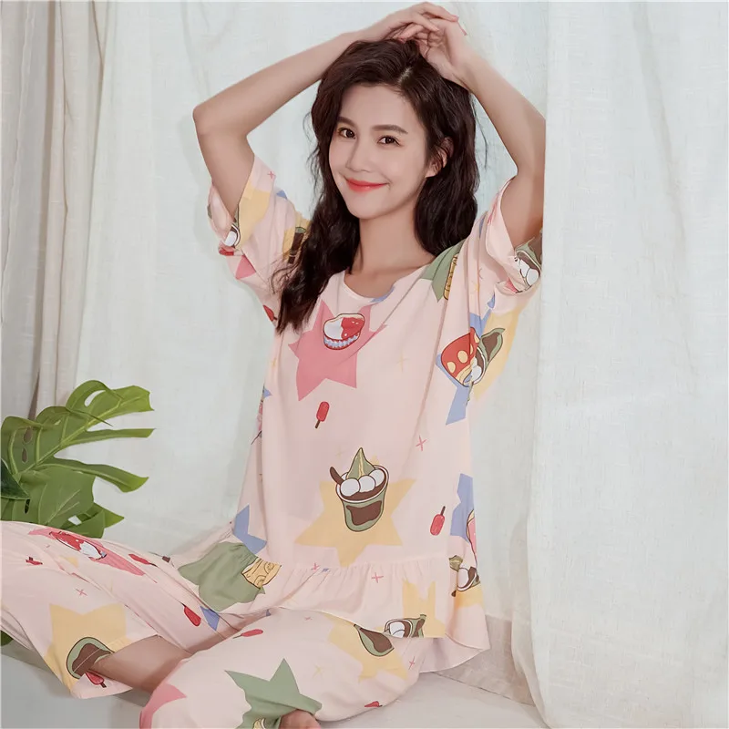 UHYTGF Pajamas Womens Print Cotton Silk Summer Two-Piece Set Sleepwear Female Thin Home Clothes Breathable Ladies Nightgown 2501