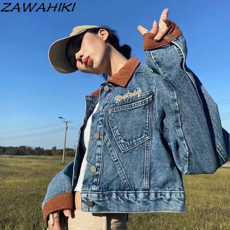 

Vintage Embroidery Denim Jacket Women Blue Turndown Button-up Coats Loose Patchwork Retro Jacket 90s Short Jackets Streetwear
