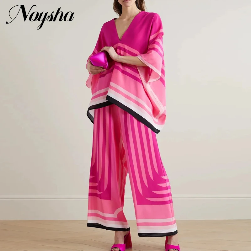 

Summer Outfits for Women 2023 Fashion Printed V-Neck Bat Sleeve Tops Pullover Wide Leg Pants Set Spring Female Casual Two-Piece