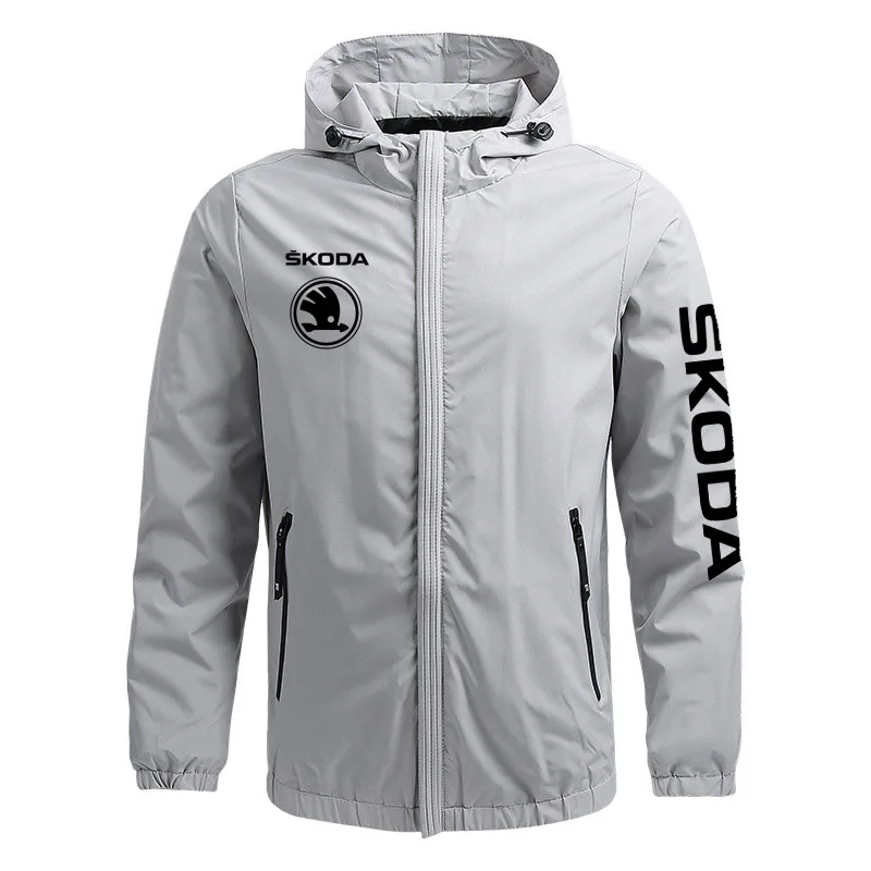 

Spring Autumn Windproof Men Military bomber jacket coat Skoda car logo print Outdoor travel men's hooded jacket Fashion coat