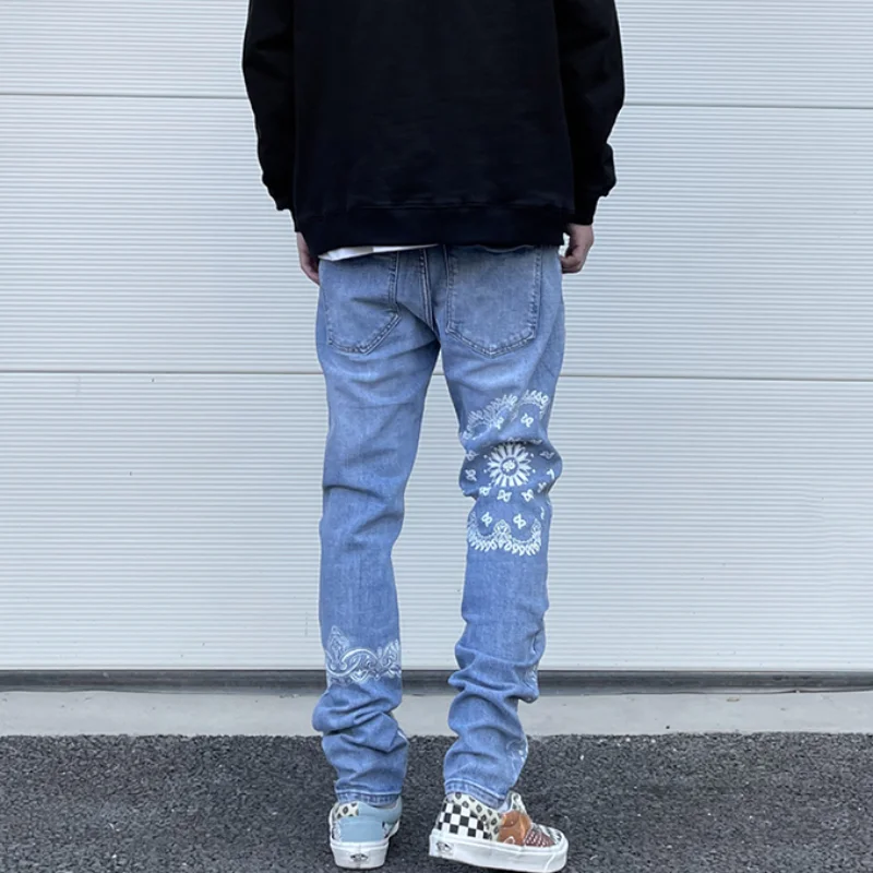 Mens High Street Paisley Print Denim Jeans Casual Hip Hop Distressed Jeans Slim Fit Skinny Denim Pants Joggers Streetwear Men