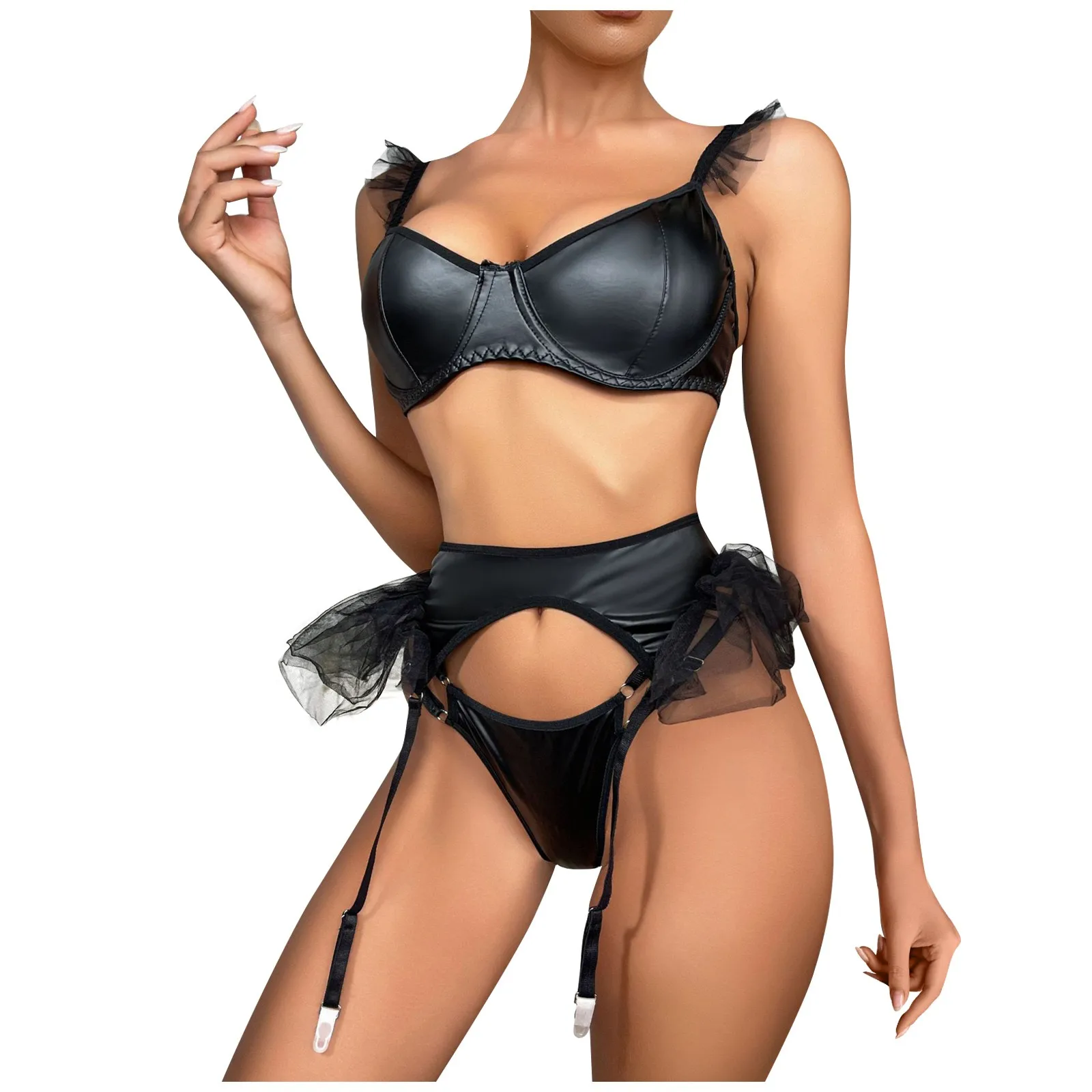 

Забавное однотонное сексуальное женское нижнее белье из лакированной кожи, Сетчатое нижнее белье, комплект с разрезом, кружевная ночная сорочка, нижнее белье