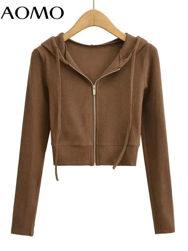 

AOMO Women 2022 Solid Hood Jacket Coat Long Sleeve Female Crop Outerwear 4P123A