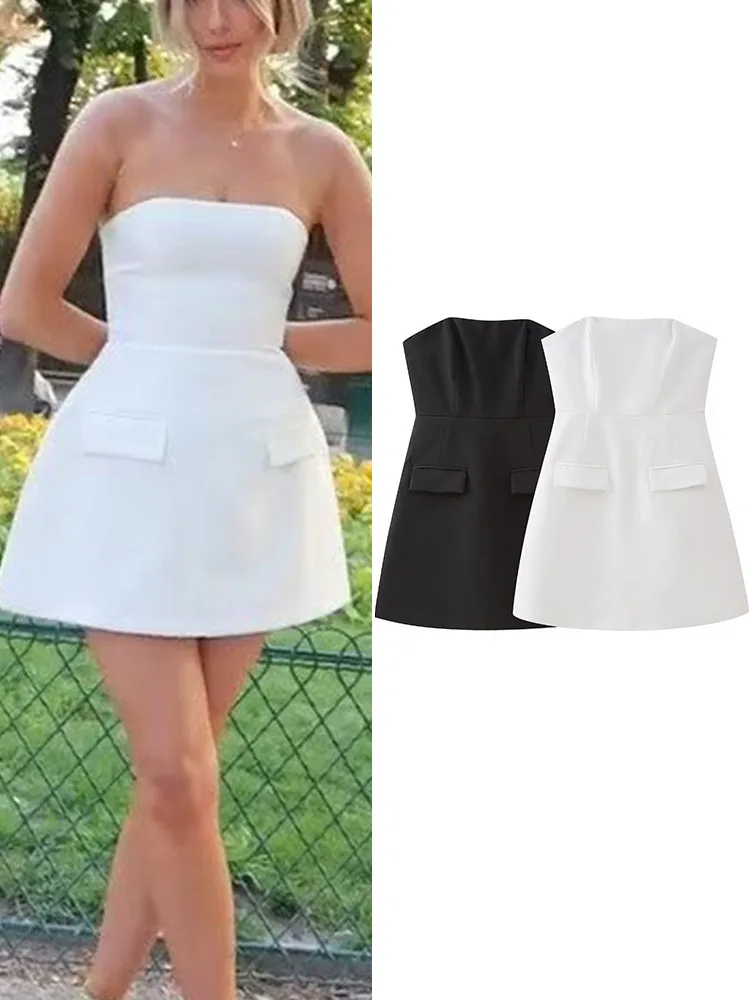 

TRAF Solid Strapless Mini Dress For Women Elegant Slim Backless Pockets Classic Black Whiter Dresses Female Simple A-line Dress