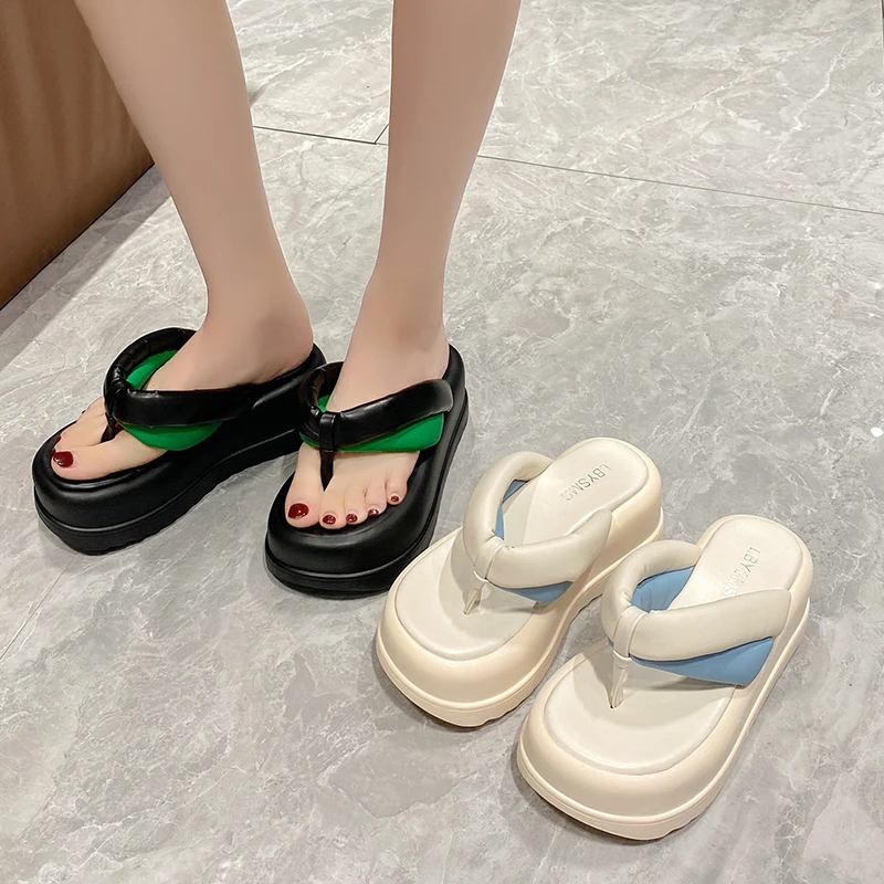 Women Clip Toe Chunky Platform Slippers for Summer 7.5CM Wedge Heels Flip Flops Woman Black Slip-On Thick Bottom Sandals Laides