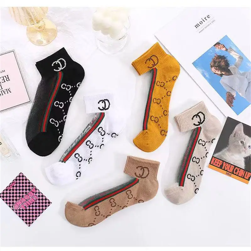 

5 Pieces 5 Colors / Socks Women's Trend Short Tube Letters Spring and Summer New Cotton Socks Bottom Crystal Silk Thin Section