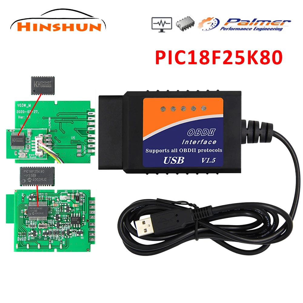 

Best Quality ELM327 USB V1.5 OBD2 Diagnostic Cable With PIC18F25K80 CH340T Chip ELM 327 OBD II Scanner ELM 327 USB 25K80