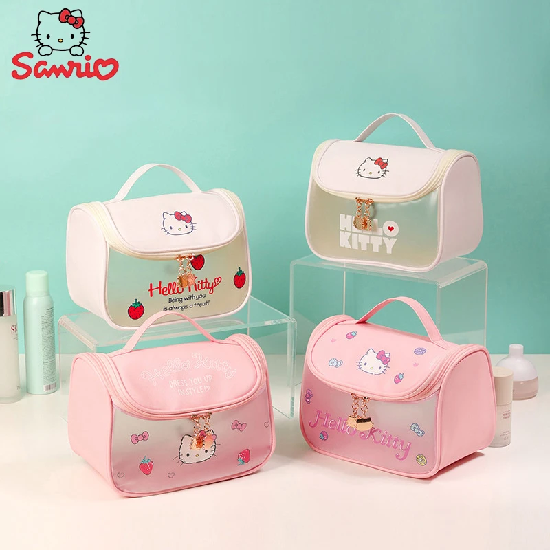 

Sanrio Kawaii Cosmetic Bag Hello Kitty Scrub Large Capacity Waterproof Portable Hook Pu Leather Kawaii Wash Storage Bag for Girl
