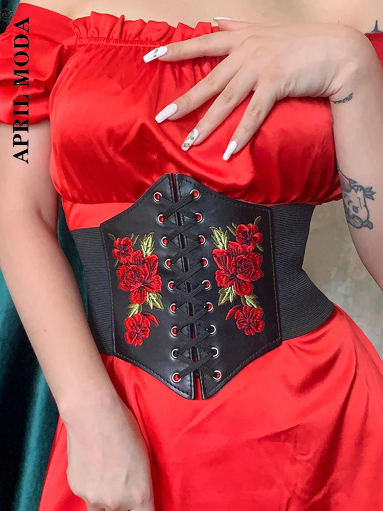 

2022 Streetwear Retro Vintage 50s PU Leather Top Women Floral Lace Up Corset Top Bandage Cummerbunds Belt Outfits Gothic Belt