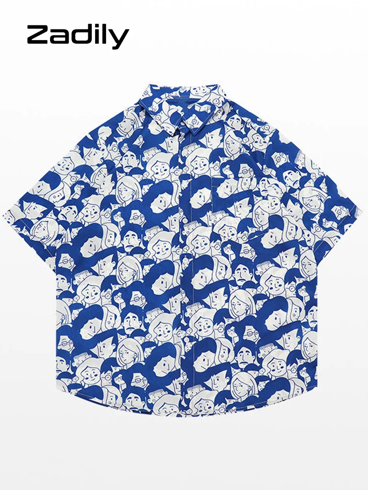 

2022 Summer Y2K Short Sleeve Cartoon Print Shirt Women Harajuku Style Oversize Button Couple Shirts Fashion Female Blouse Tops