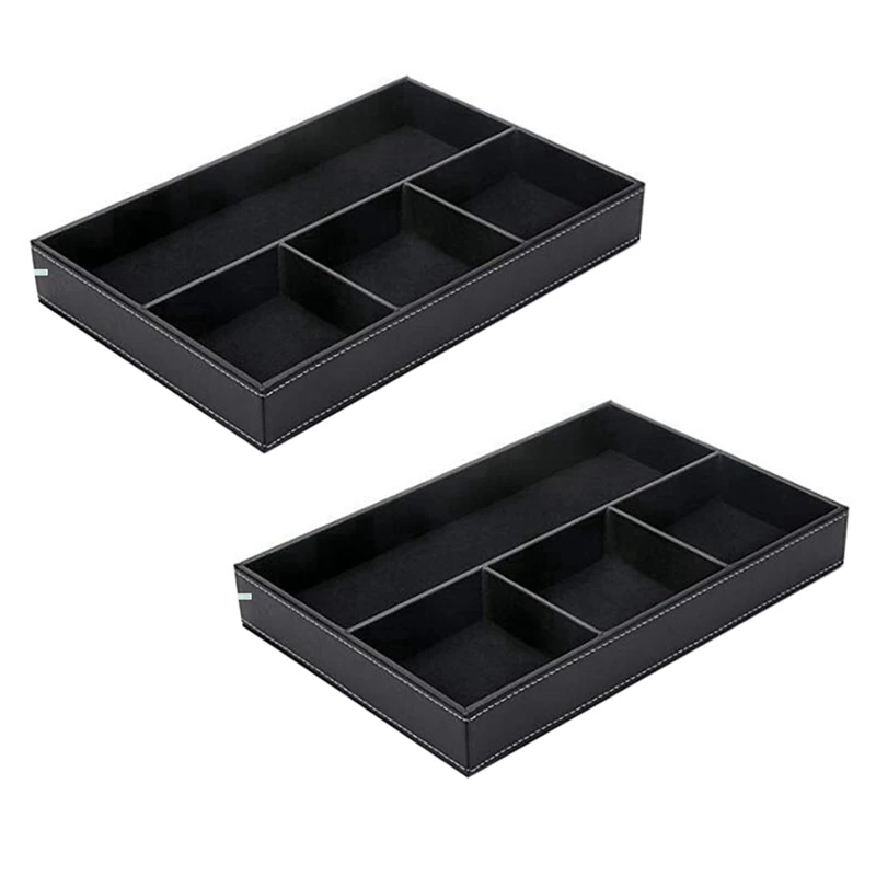 

2X 4 Slots Desk Drawer Organizer, Pu Leather Drawer Storage Organizer Divider (Black)