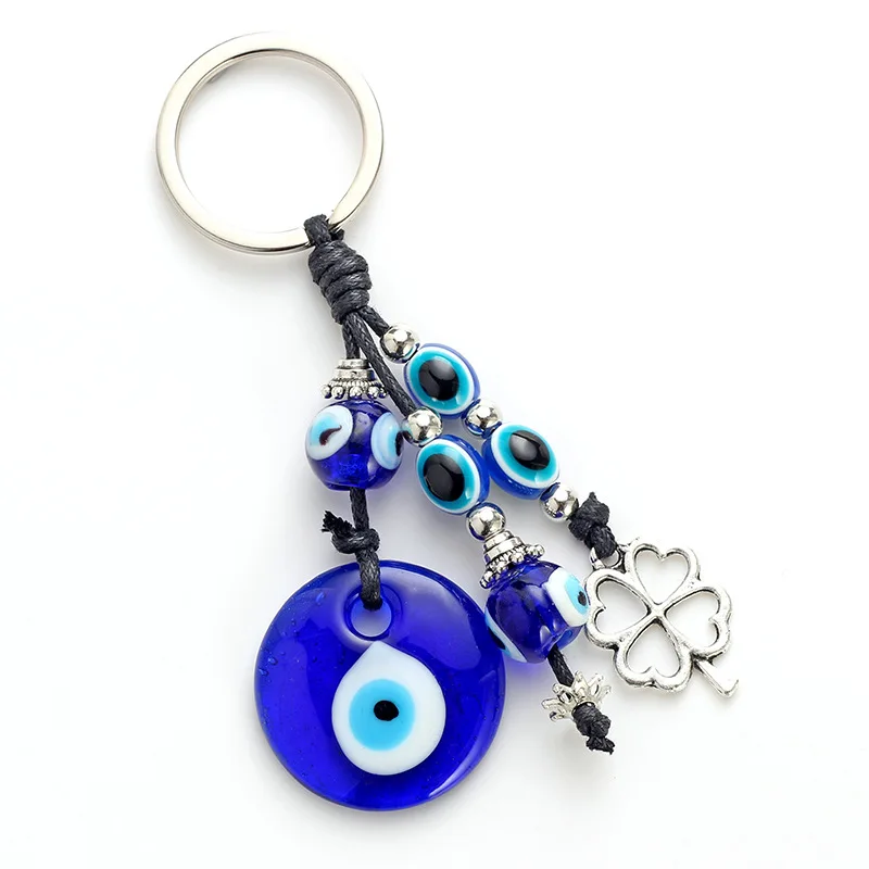 

Nazar Boncuğu Eye Fashion Alloy Clover Shape Charm Car Keychain Jewelry Pendant With Bule Eye Bead M0309
