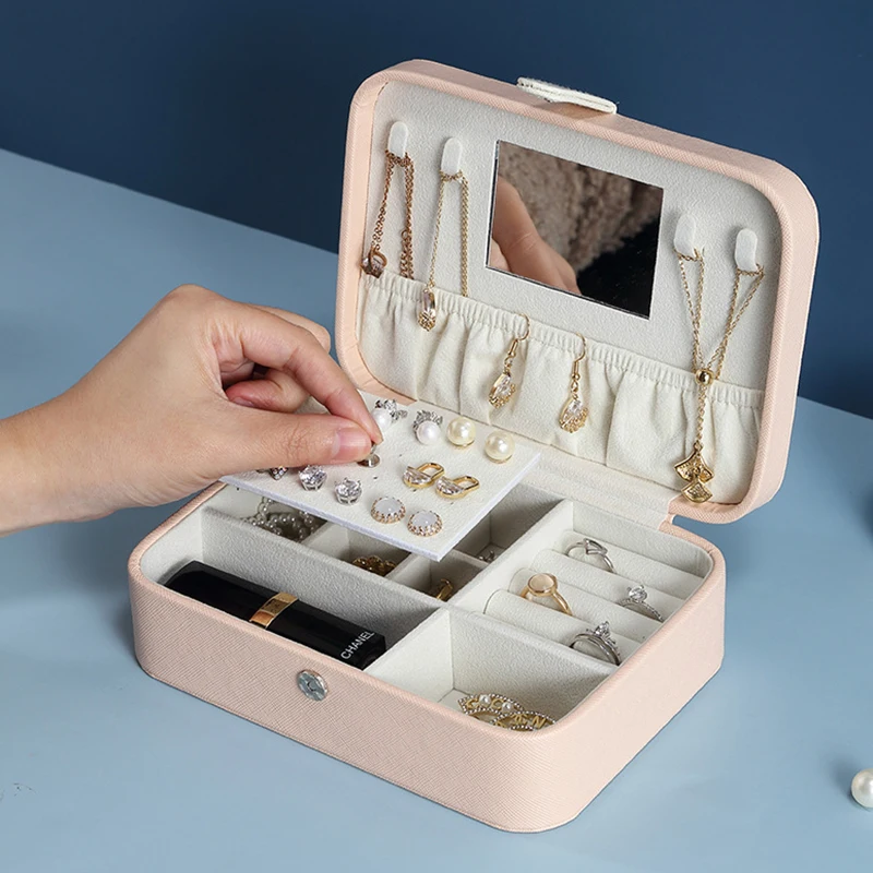 

Waterproof Jewelry Box Portable Pu Fresh Simple Earrings Zipper Ring Earrings Mirror Jewelry Storage Box Multi Color Makeup Case