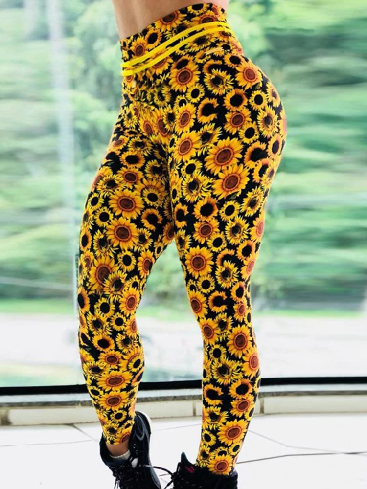 Sunflower Printed Leggings Women Soft Workout Tights Fitness Outfits Yoga Pants High Waisted Gym Wear Spandex Push Up Leggins