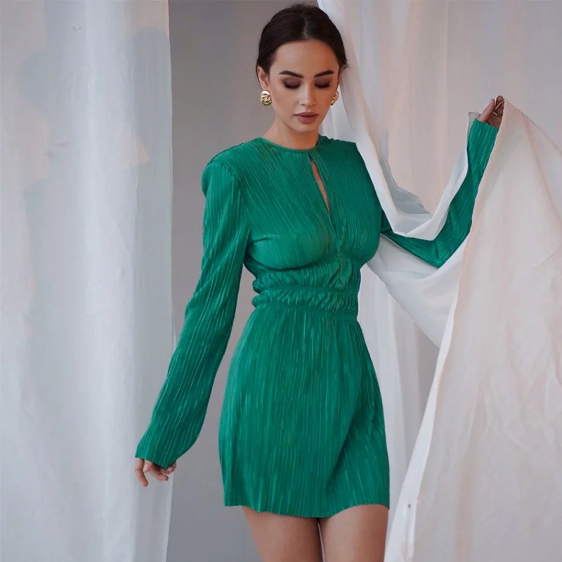 

2022Spring New European and American Women's Clothing French Style Long Sleeve Dress PleatedALine Skirt Hollow Out Black Dress W