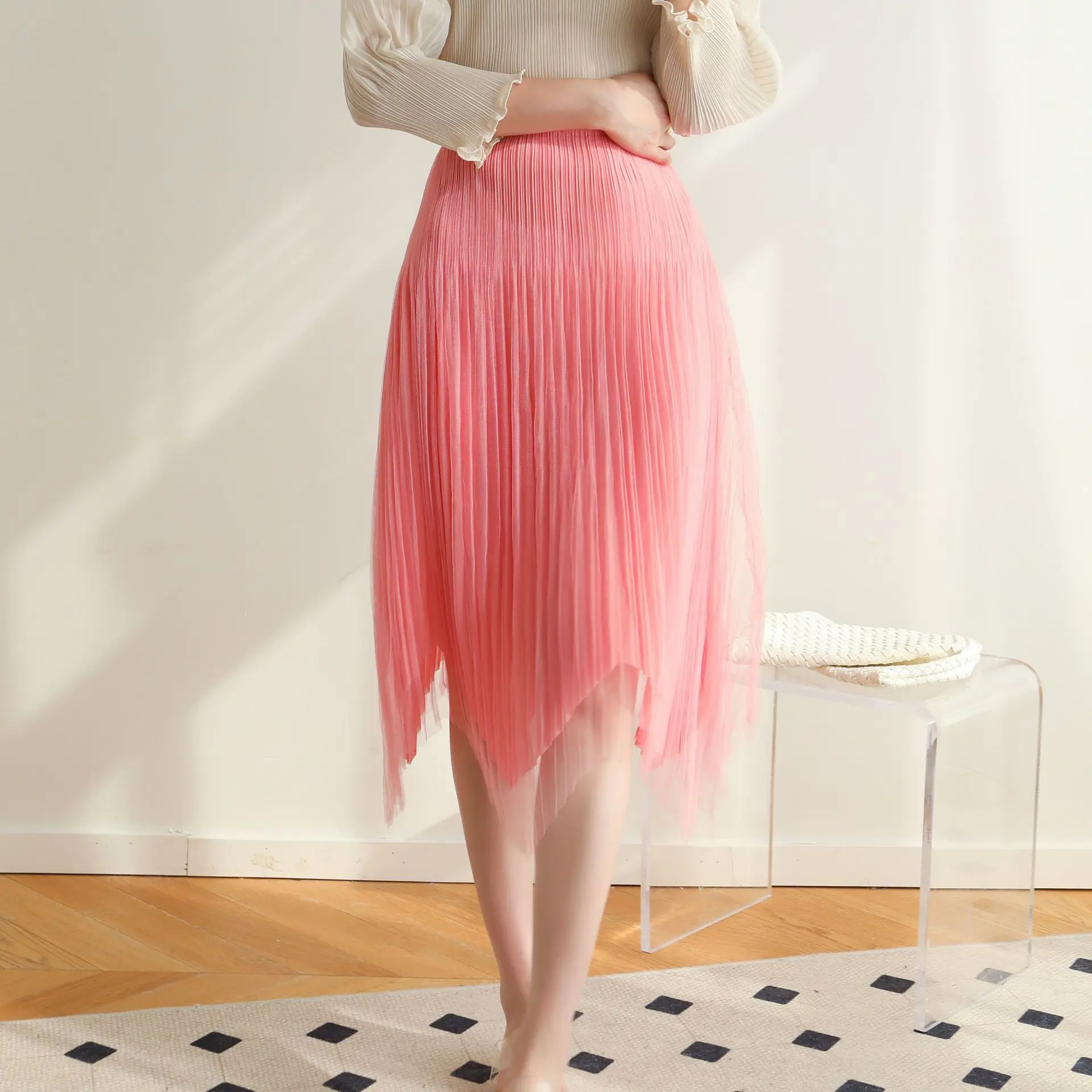 

Miyake Style Pleated Skirt Female 2023 Summer Socialite Elegant Mesh Skirt Fresh Soft Glutinous Irregular Casual Skirt