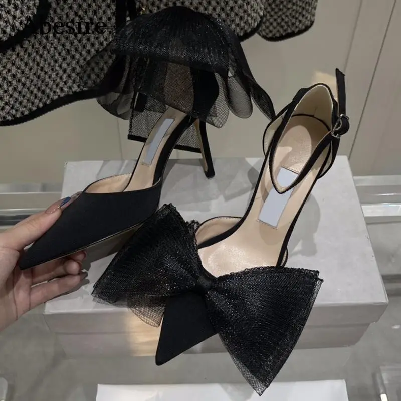 Big Bowknot Asymmetrical Design High Heels Women Luxury Satin Pointed Toe Pumps Spring Summer Wedding Party Ankle Strap Shoes