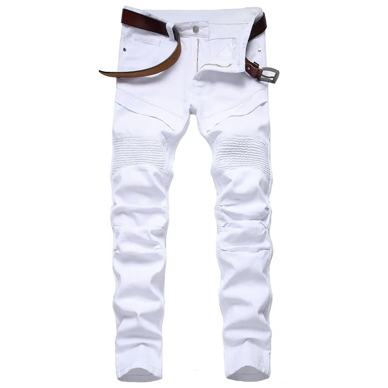 White Motorcycle Jeans Men's Original Personalized Fashion Pants Spring and Autumn Casual Full Length Denim Trousers