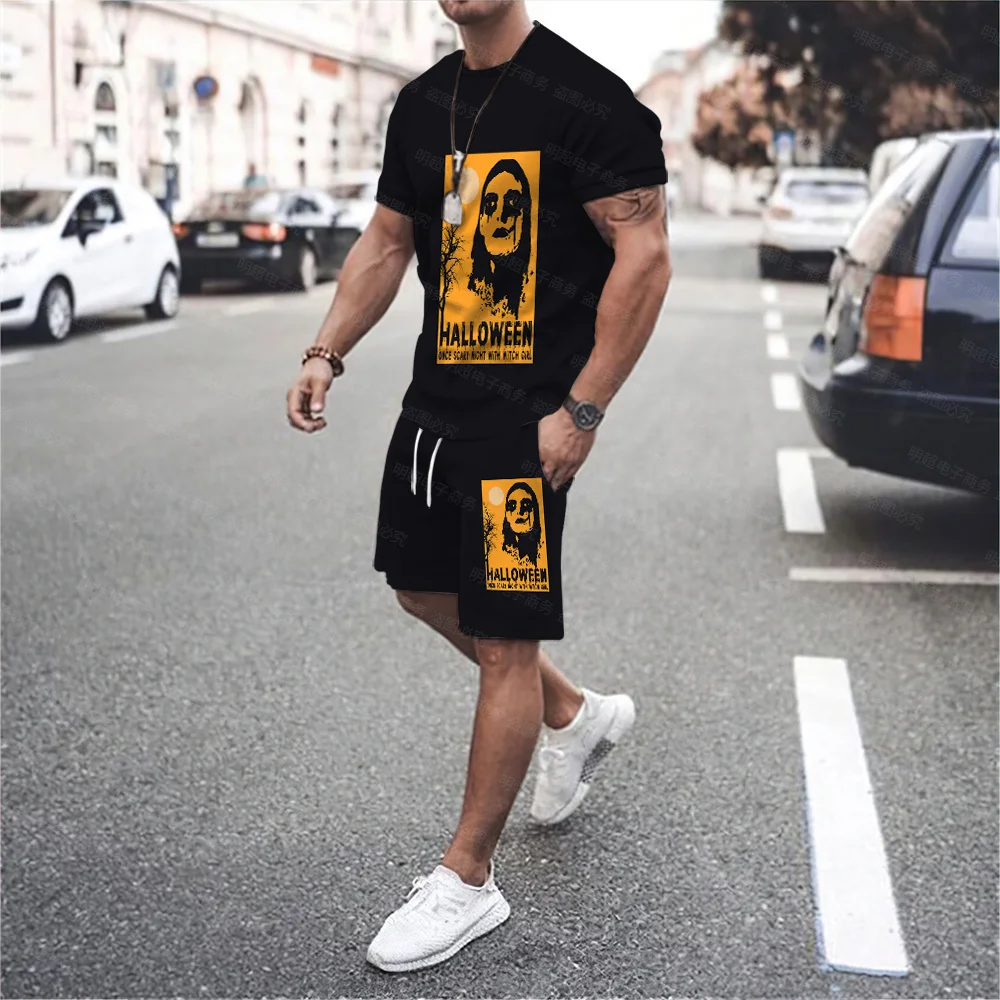 New Halloween Two Piece Men's Sports Running Breathable T-Shirt Casual Wear Party Set Print Pop Costume Pumpkin Head Summer