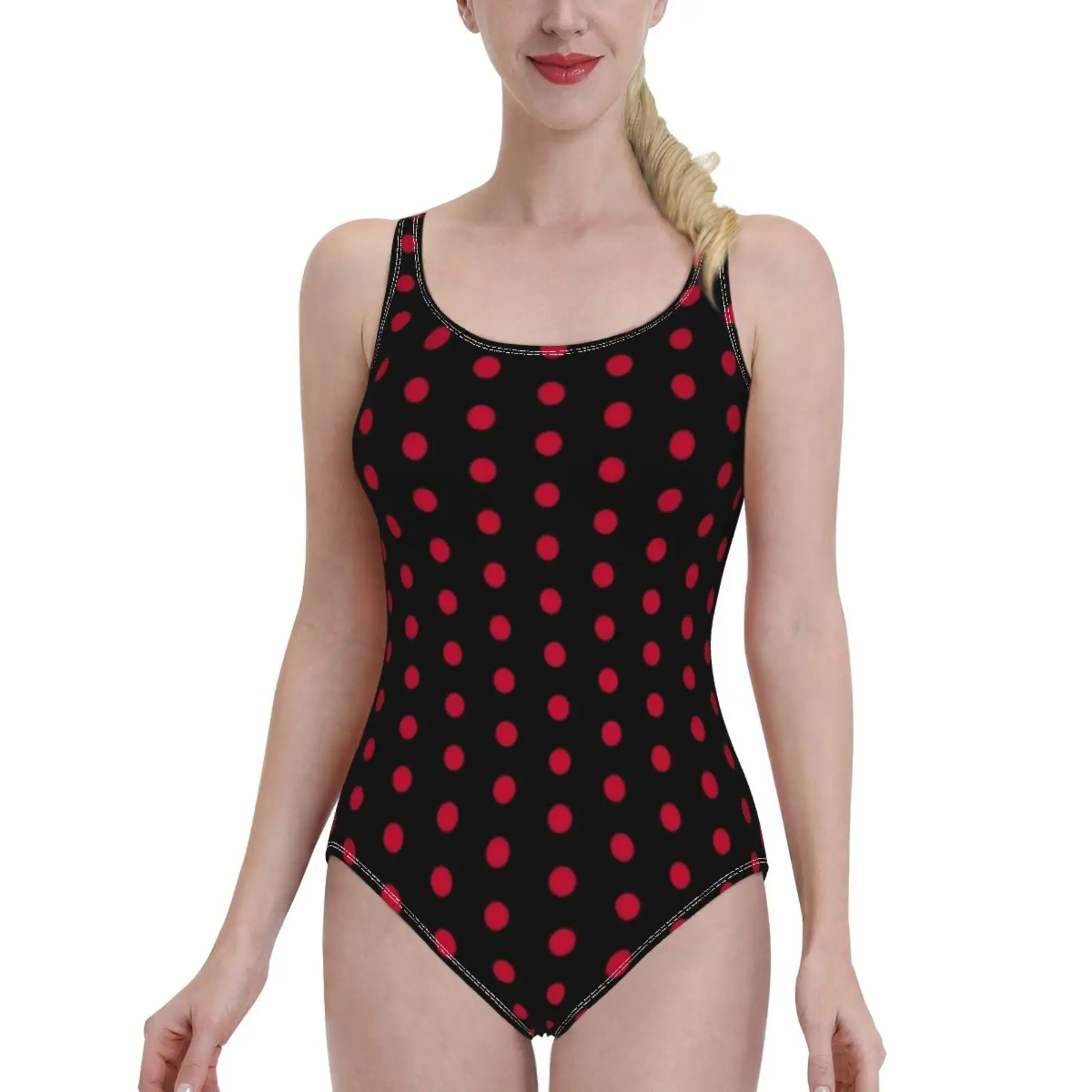 Черный с красным платье в горошек купальник на одно плечо оборками принтом