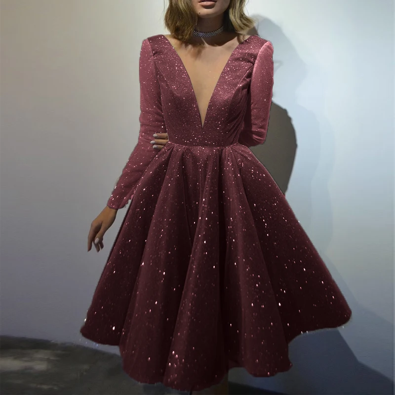 

2021 A Line Minimalist Elegant Party Wear Formal Evening Dress V Neck Long Sleeve Sparkle Satin Robes De Cocktail Vestid