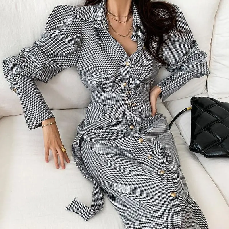

Korean Chic Lapel Chic Single-breasted Pleated Belt Check Long Sleeves Maxi Dress Women's Vestidos Femininos Frete Grátis J041