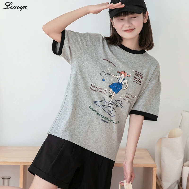 

Lenoyn 2023 Japanese Contrast Color Loose T-shirts Casual O Neck Cropped Tops Women Short Sleeve Y2k Aesthetic Kawaii Print Tees