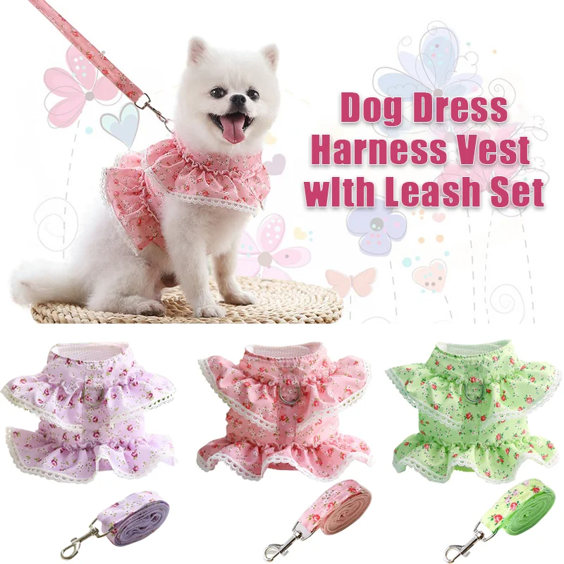 

Dog Cat Harness Leash Set Adjustable Lace Floral Printed Pet Harness Vest Cute Dog Dress Pubby Mesh Harness Cat Walking Lead