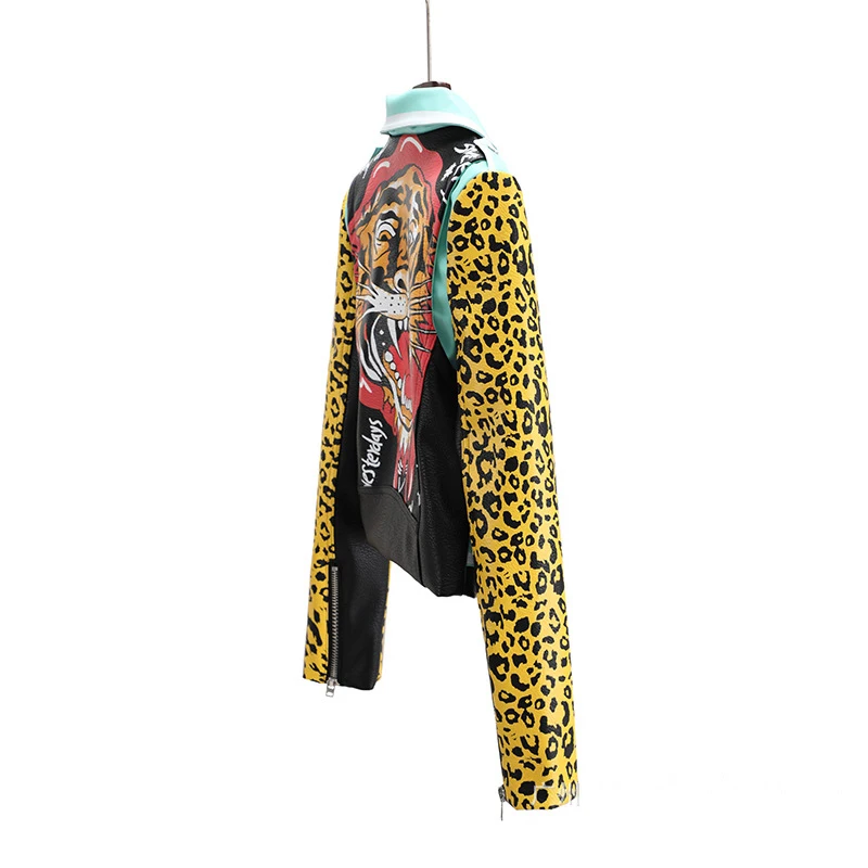 Cropped Motorcycle Leather Jackets for Women 2023 Trend Streetwear Contrast Color Graffiti Print Faux Leather Biker Jacket