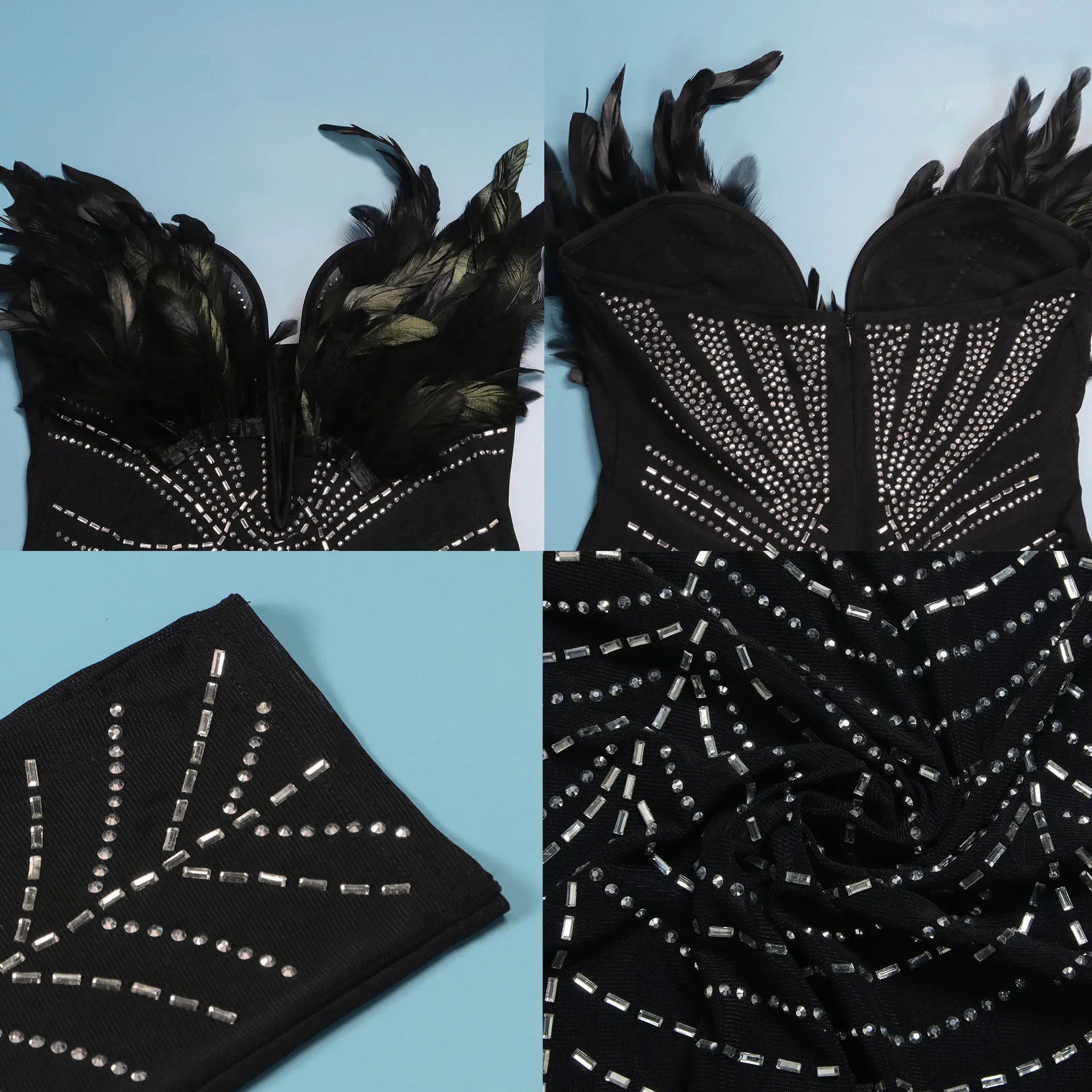 Sexy Feather Diamonds Patchwork Mesh Women Jumpsuit V Neck Strapless Bodycon Pants One Piece Club Party Romper Luxury Playsuits