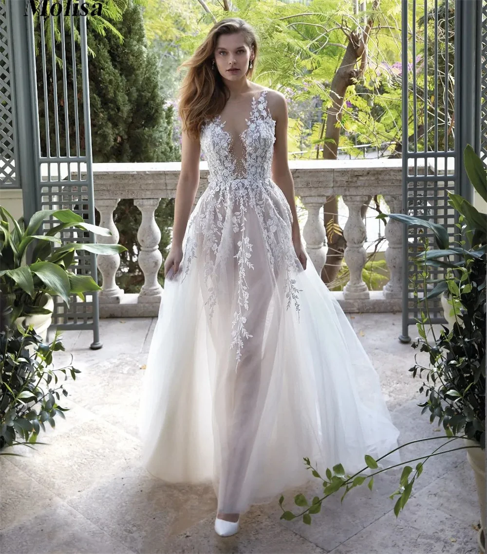 

Boho Boat Neck Wedding Dress Lace Tulle Sleeves A-Line Bohemian Bride Dresses for Women 2022 Free Shipping Country Bridal Gown