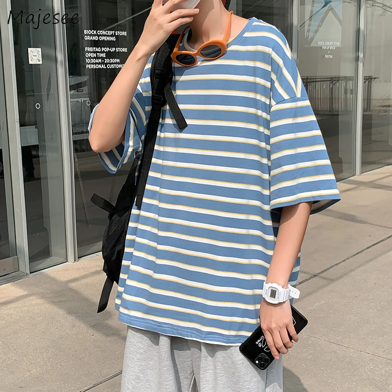 

T-shirts Men Striped Short Sleeve Fashion O-neck Loose Summer Trendy All-match Handsome College Teens Camisetas Harajuku Clothes