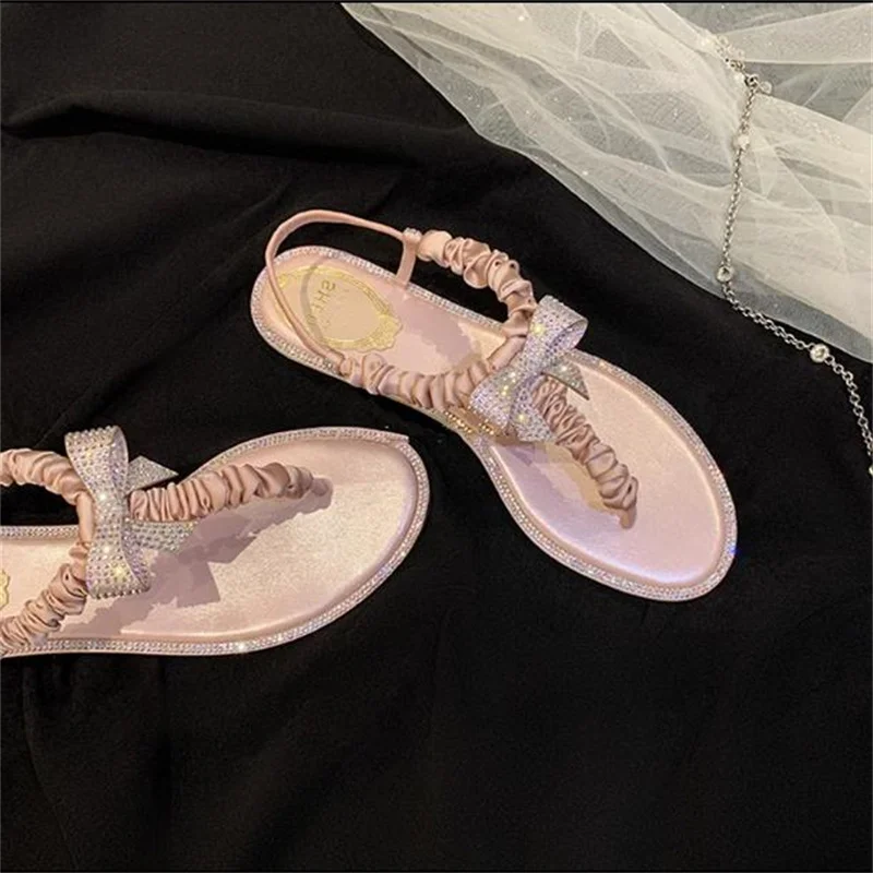 

Сатиновые шлепанцы с кристаллами и бантом-бабочкой, женская обувь на Плоском Каблуке, женские шлепанцы с круглым носком, женские плиссированные сандалии с бантом