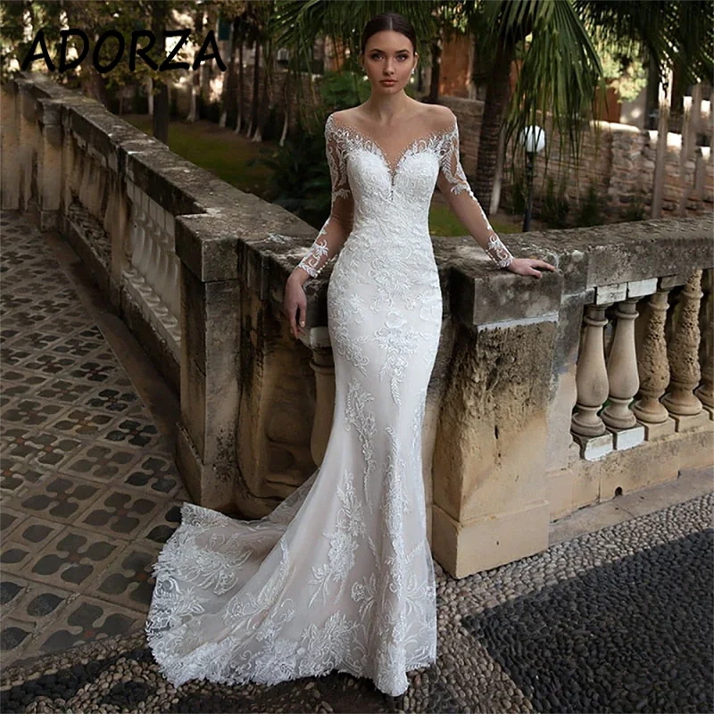 

ADORZA Wedding Dress Lace Appliques Illusion Sweetheart Bridal Gown Long Sleeves Mermaid Court Train Vestido De Noiva for Bride