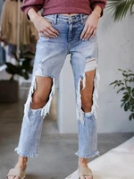 vintage hole burr straight pants 2022 new streetwear washed ripped mid waist denim trousers women do old light blue casual jeans