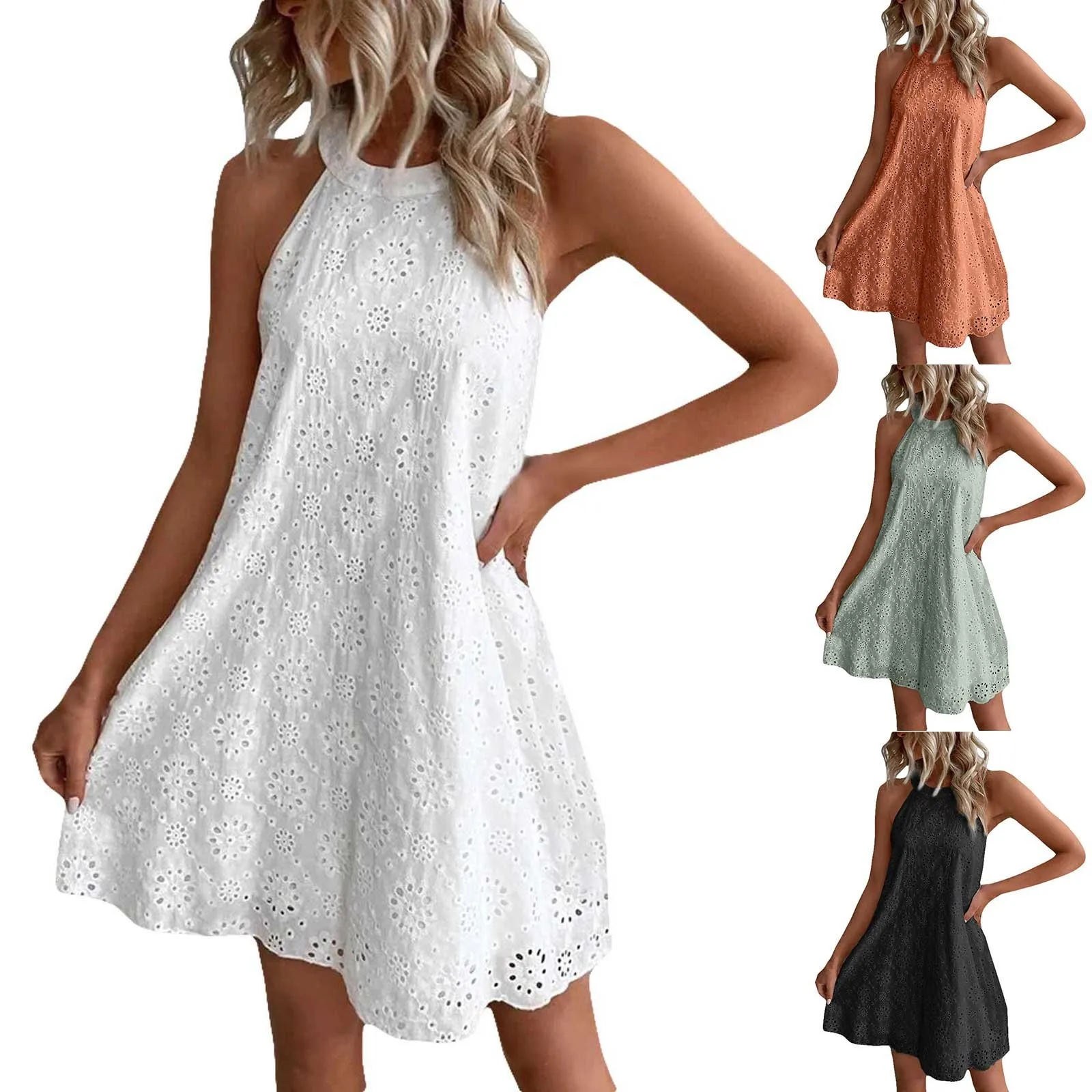 

Personality Design Summer Ladies Lace Solid Color Sleeveless Dress Dinner Dress for Women