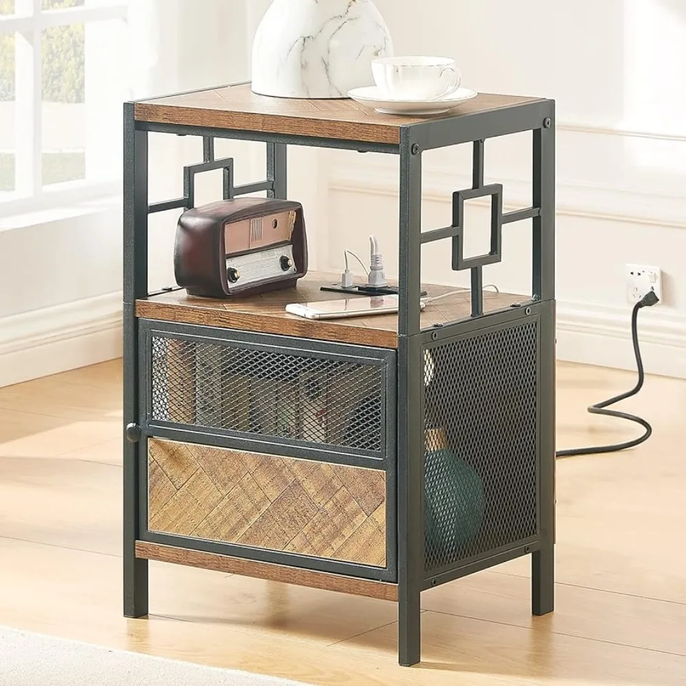 End Table with Charging Station, Side Table with USB Ports and Outlets, Bedside Tables with Door