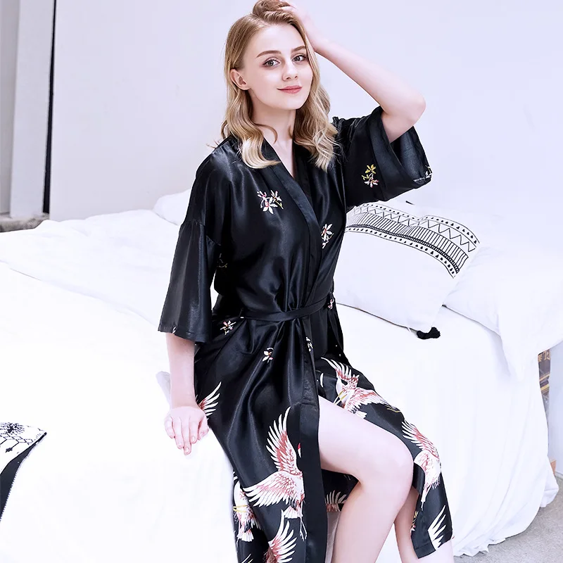 Luxury Long Nightgown For Women Floor-Length Nightdress Faux Silk Nightskirt Sexy Lace Sleeve Sleepwear Ladies Underwear Pijama