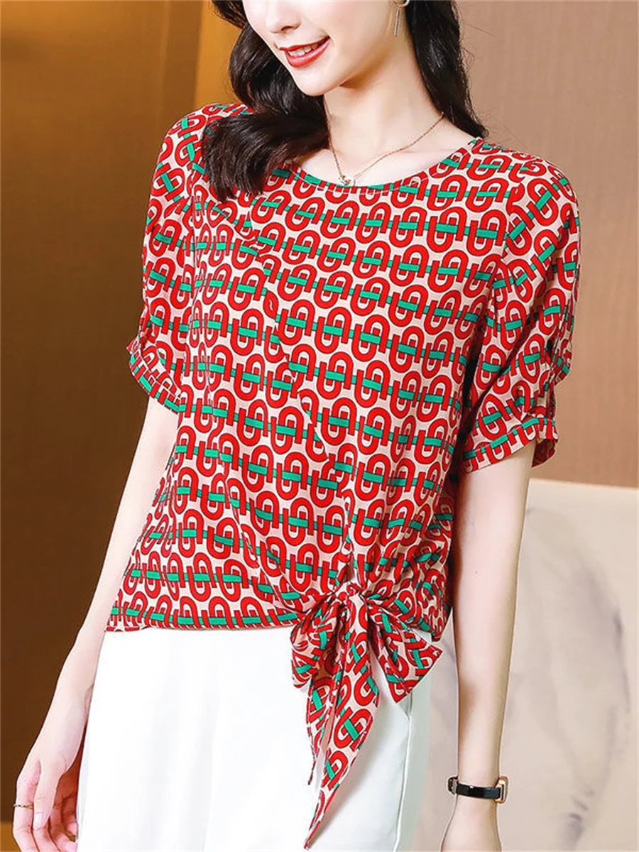 

Woman Summer Style Chiffon Blouses Tops Lady Casual Short Lantern Sleeve O-Neck Flower Printed blusas Tops DF4486