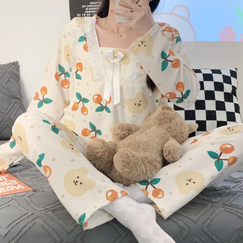 

Autumn Maternity Sleepwear Fashion Printed Square Collar Nursing Tops Pants Lactation Twinset Postpartum Woman Breastfeeding Set