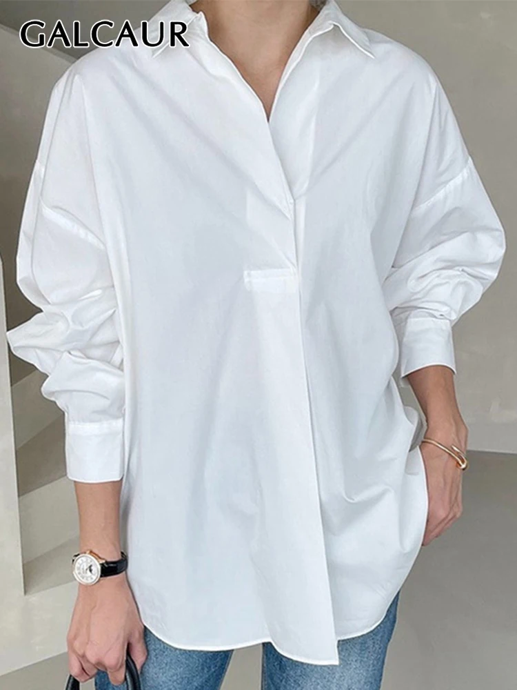 

GALCAUR Casual White Loose Shirt For Women Lapel Long Sleeve Solid Minimalist Blouses Female Fashion Clothing Style 2022 Spring