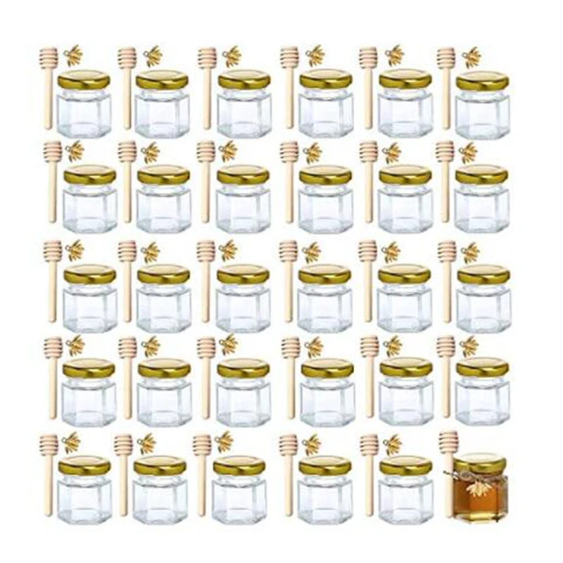 1.5 oz Hexagon Mini Glass Honey Jars With Wood Dipper Gold Lid Bee Pendants Jutes for Baby Shower Wedding Favors Party Favors