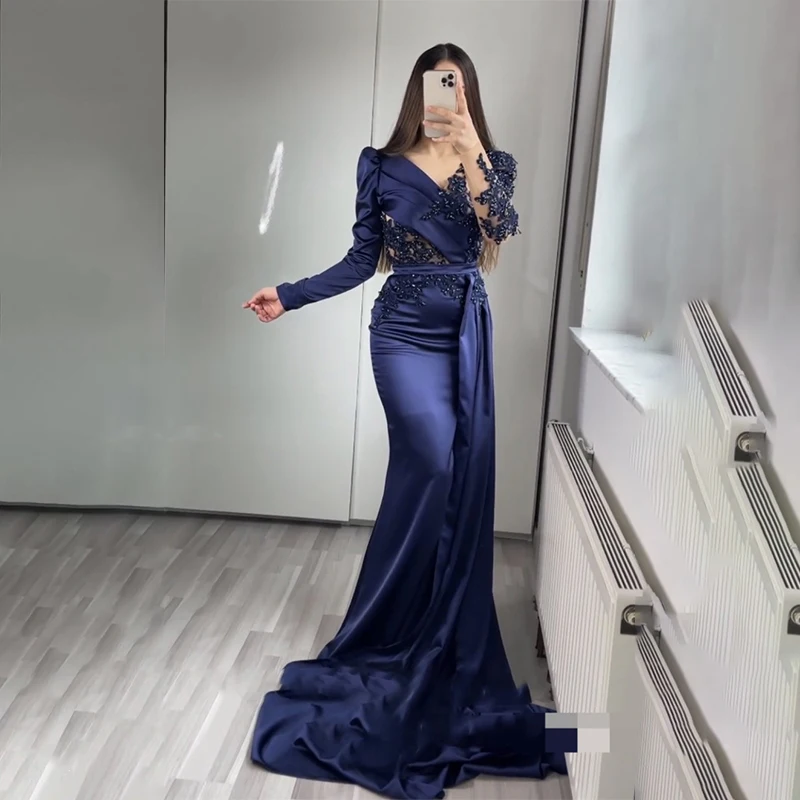 

Синее вечернее платье HAOWEN для свадебной вечеринки, атласные юбки со складками и бусинами, элегантные платья-русалки для выпускного вечера, ...