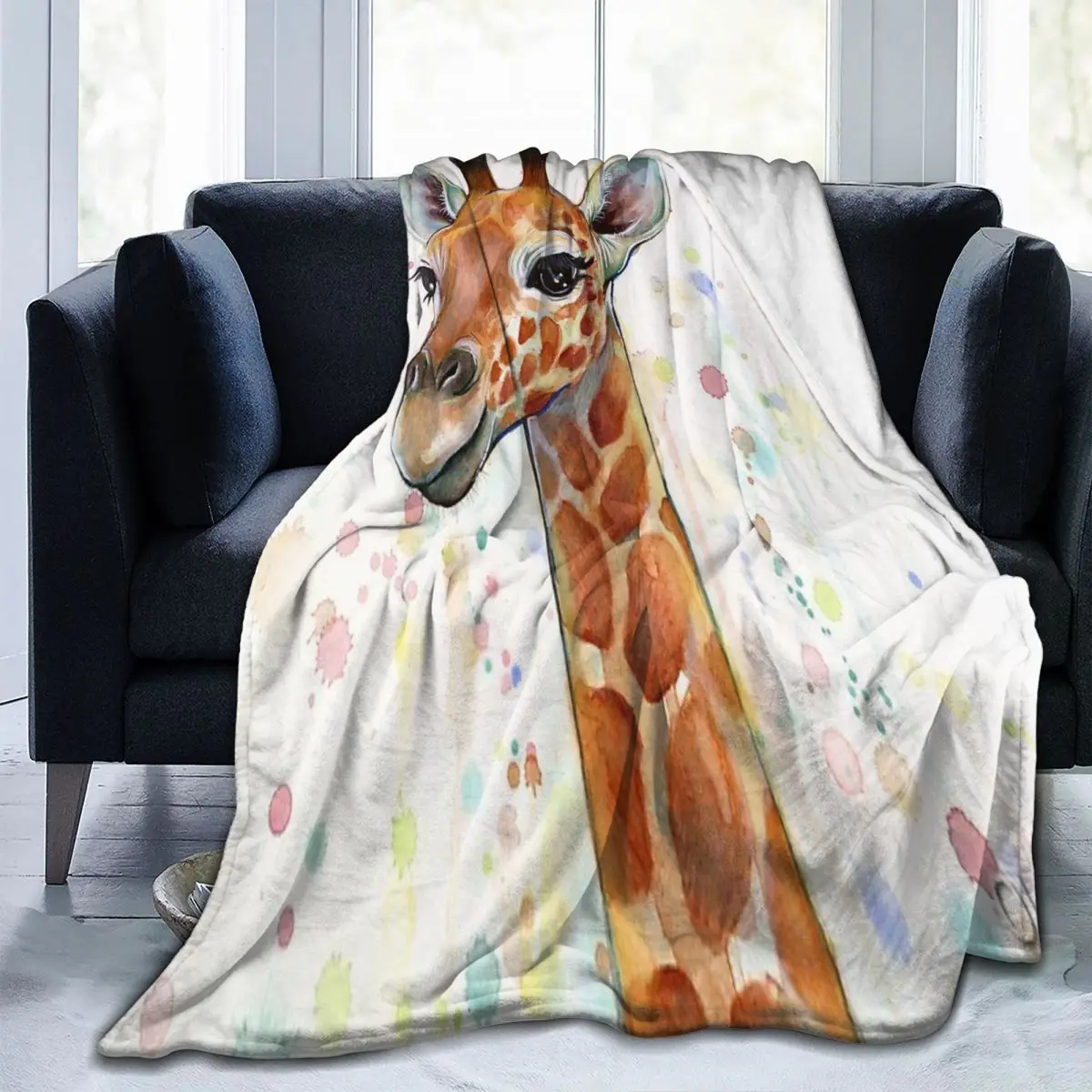 

Baby Giraffe Watercolor Painting Throw Blanket Fashionable PortableCamping Multi Style