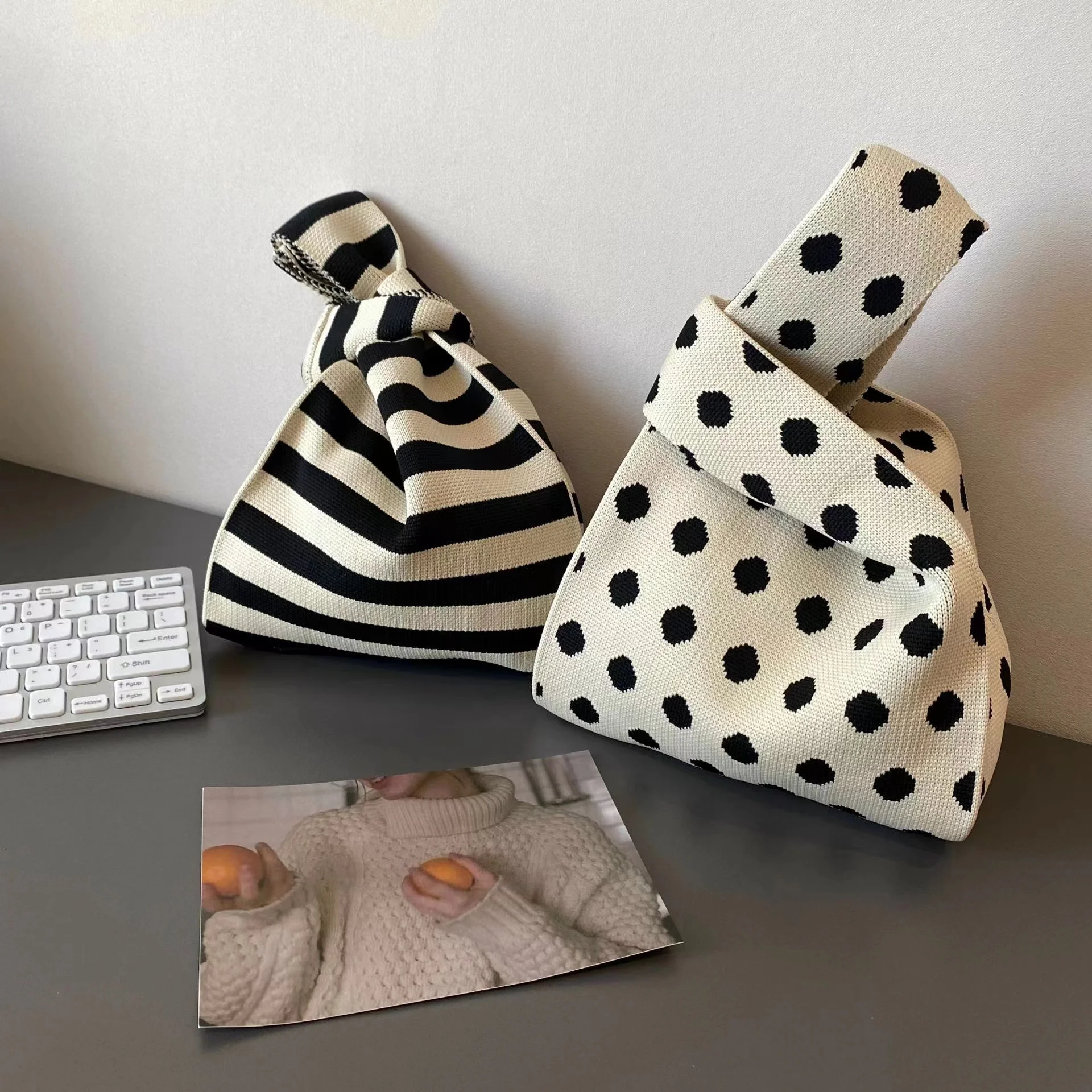 Handmade Knit Reusable Shopping Bags Handbag Women Mini Knot Wrist Bag Casual Color Wide Stripe Plaid Tote Bag Student