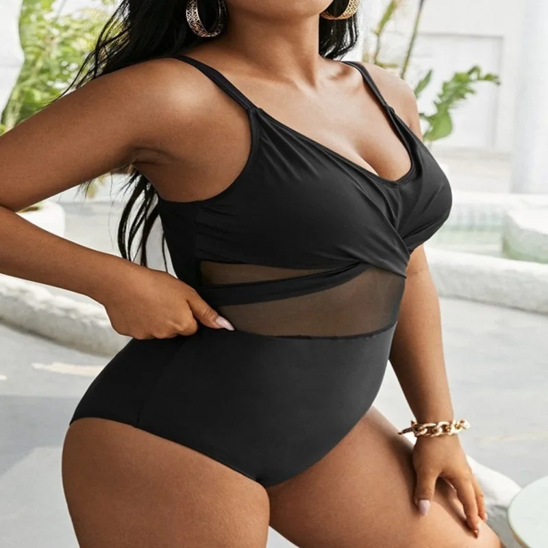 

Sexy Black Net One-Piece Large Size Swimwear Push Up Women Plus Size Swimsuit Closed Bodysuit Female Bathing Suit Pool Beachwear