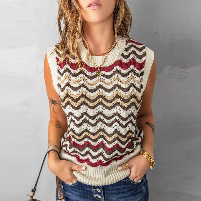 

Women Stripe Rib Knit Vest Lady casual o neck sleeveless sweater Summer Elegant hollow out knitwear 3XL