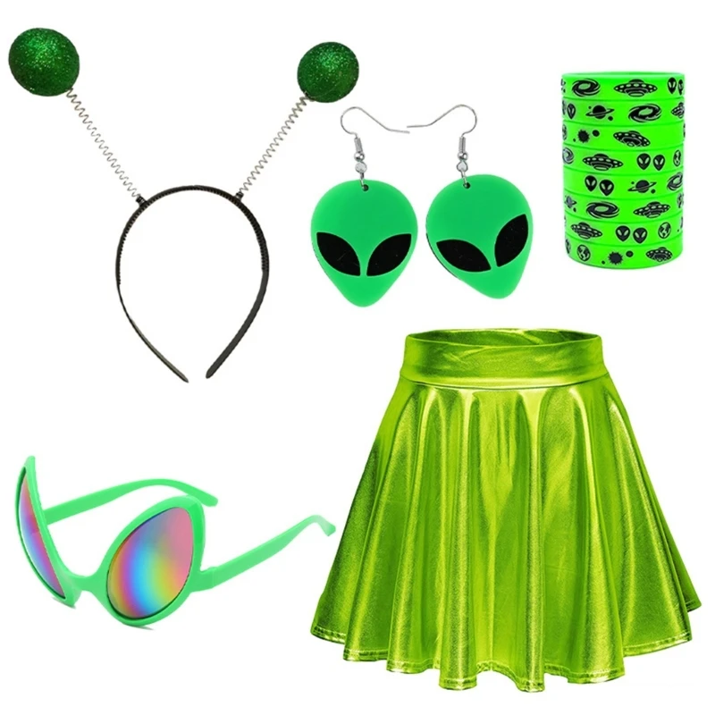 

MXMB Womens Green Skirt Hair Bands-ET Glasses Aliens Costume Set for Halloween Party